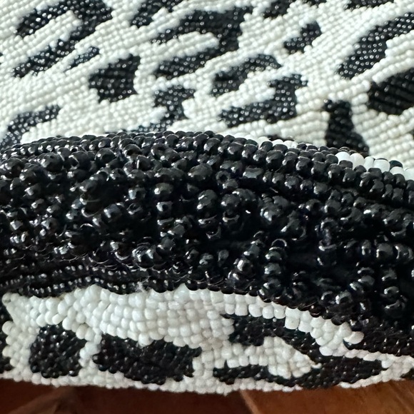 Anthropologie Black & White Beaded Leopard Clutch with Pink Tassel - Picture 4 of 13